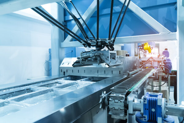 Food factory automated robotic machine. Conveyor product line for cooking and packing rations and food packs.